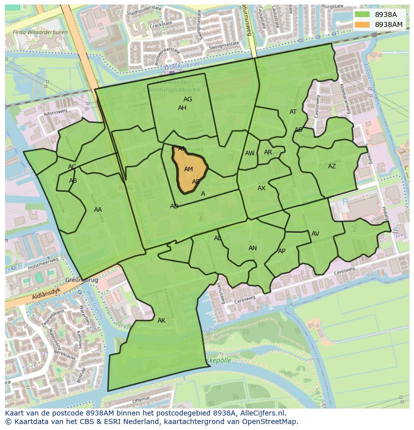 Afbeelding van het postcodegebied 8938 AM op de kaart.