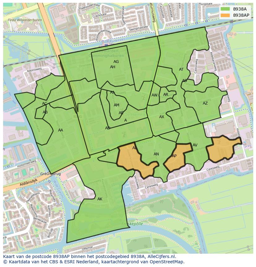 Afbeelding van het postcodegebied 8938 AP op de kaart.