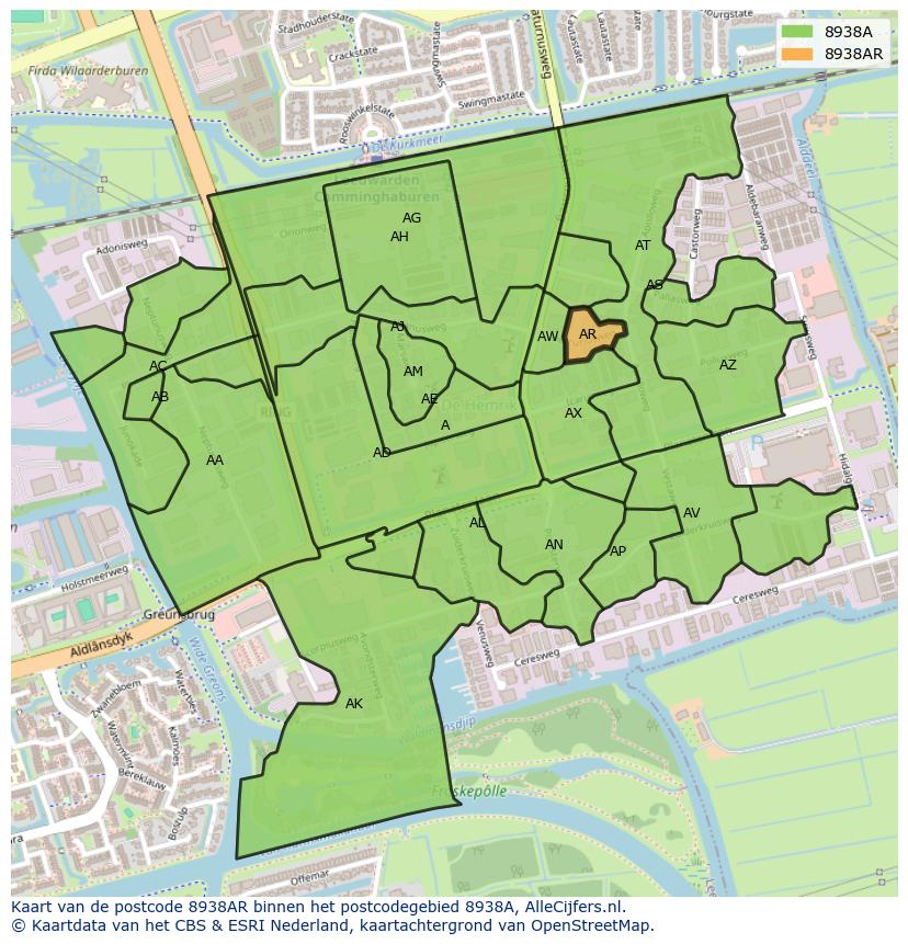 Afbeelding van het postcodegebied 8938 AR op de kaart.