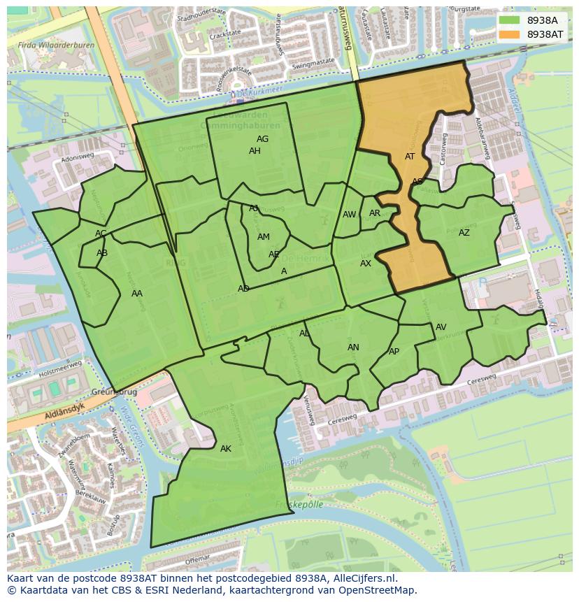 Afbeelding van het postcodegebied 8938 AT op de kaart.