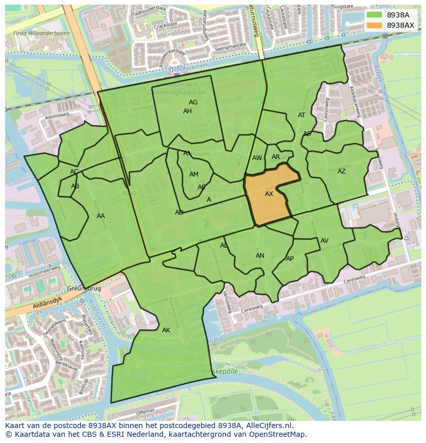 Afbeelding van het postcodegebied 8938 AX op de kaart.
