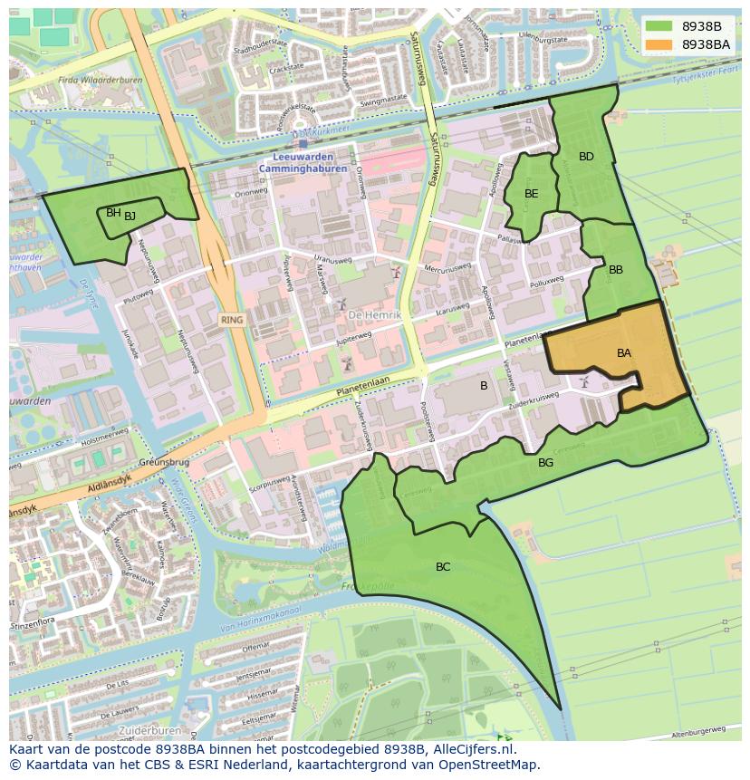 Afbeelding van het postcodegebied 8938 BA op de kaart.