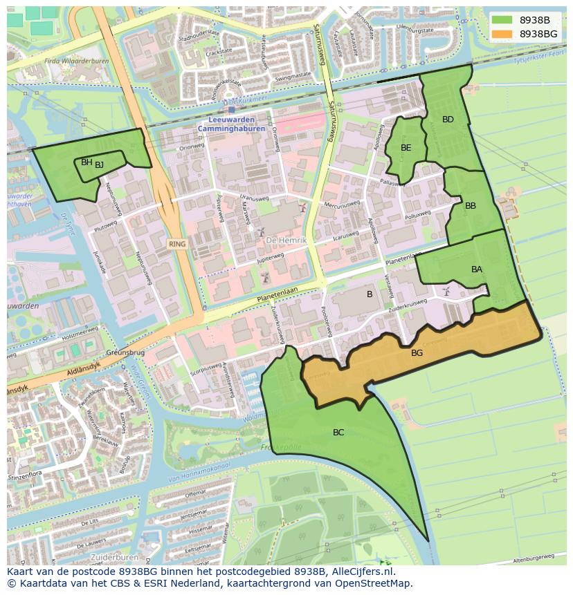 Afbeelding van het postcodegebied 8938 BG op de kaart.