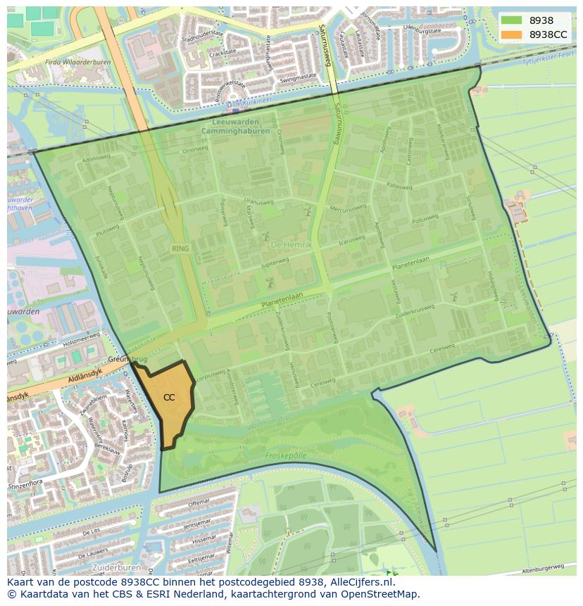 Afbeelding van het postcodegebied 8938 CC op de kaart.