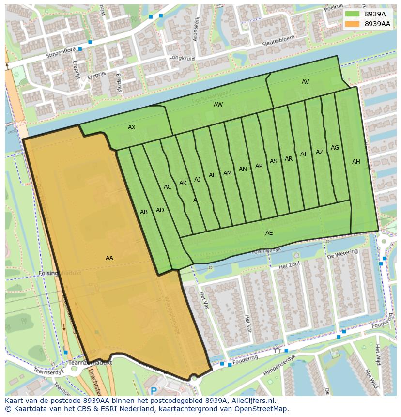 Afbeelding van het postcodegebied 8939 AA op de kaart.