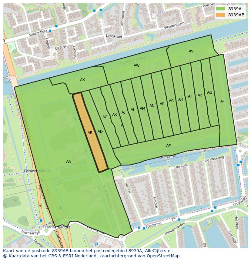Afbeelding van het postcodegebied 8939 AB op de kaart.