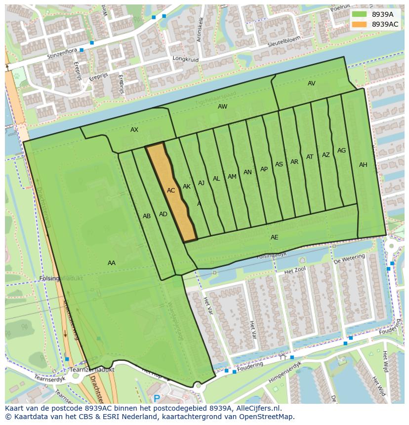 Afbeelding van het postcodegebied 8939 AC op de kaart.