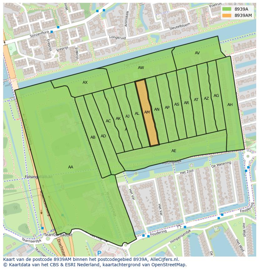 Afbeelding van het postcodegebied 8939 AM op de kaart.