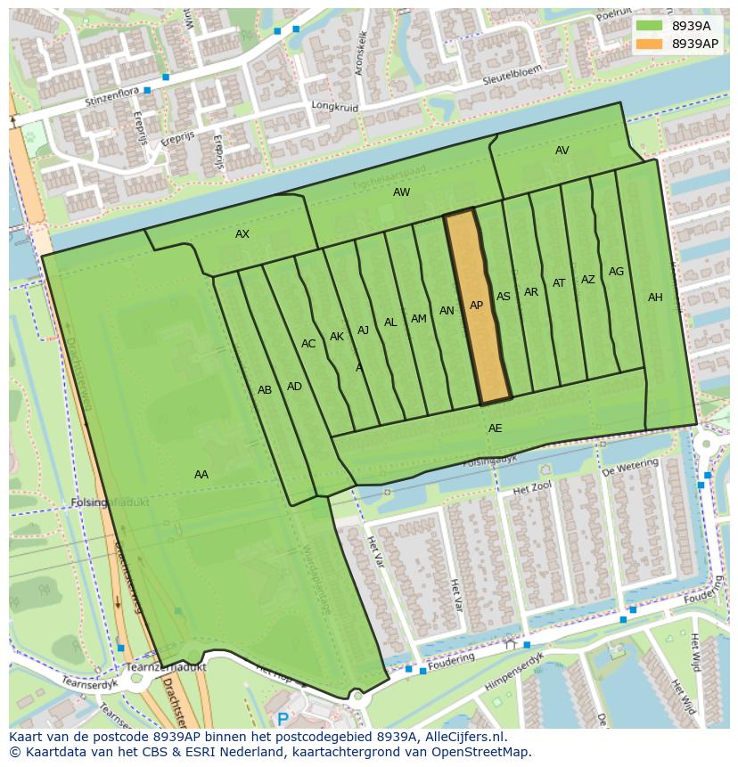 Afbeelding van het postcodegebied 8939 AP op de kaart.