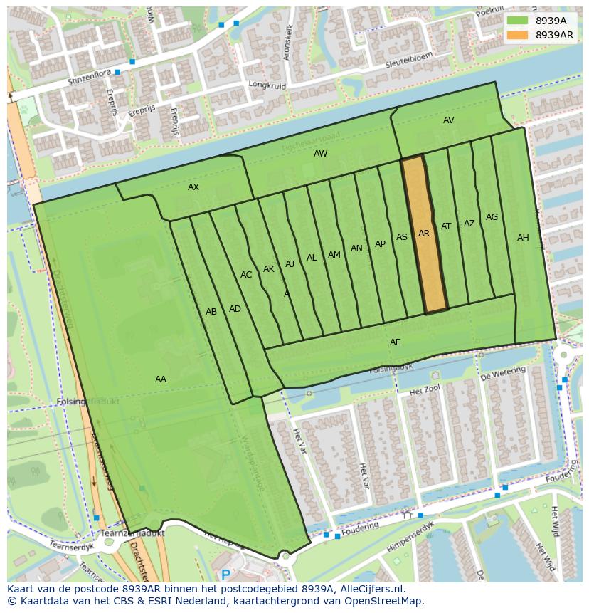 Afbeelding van het postcodegebied 8939 AR op de kaart.