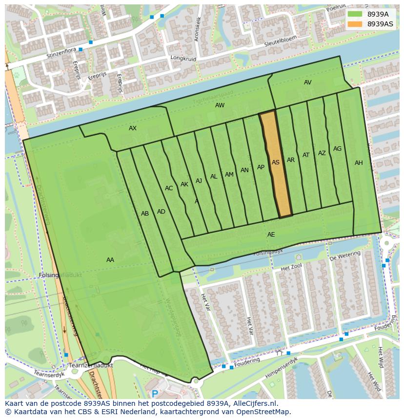 Afbeelding van het postcodegebied 8939 AS op de kaart.