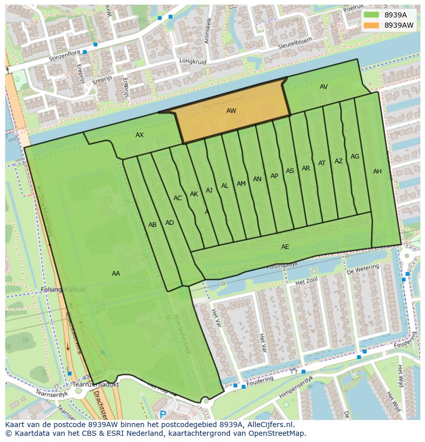 Afbeelding van het postcodegebied 8939 AW op de kaart.