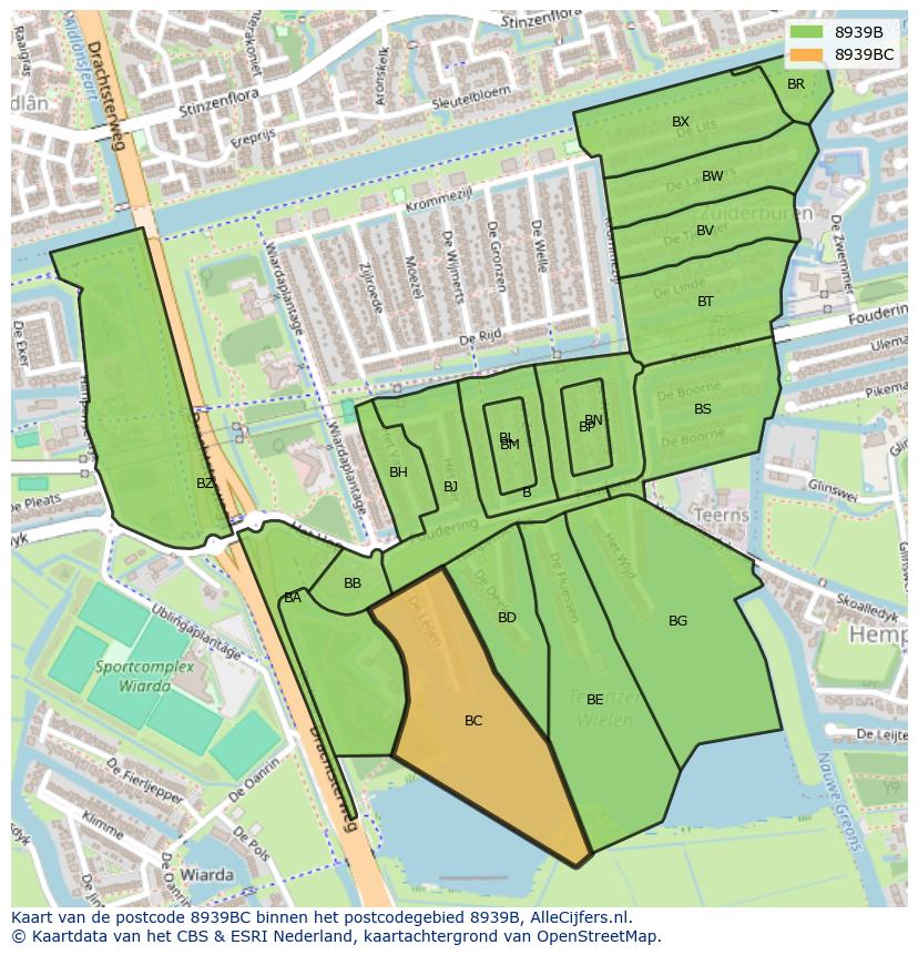 Afbeelding van het postcodegebied 8939 BC op de kaart.