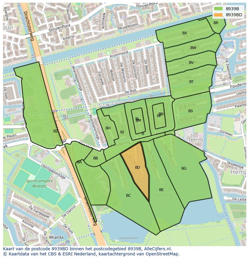 Afbeelding van het postcodegebied 8939 BD op de kaart.