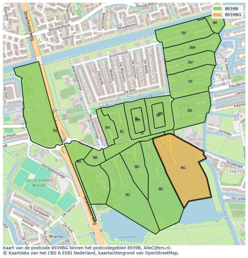 Afbeelding van het postcodegebied 8939 BG op de kaart.