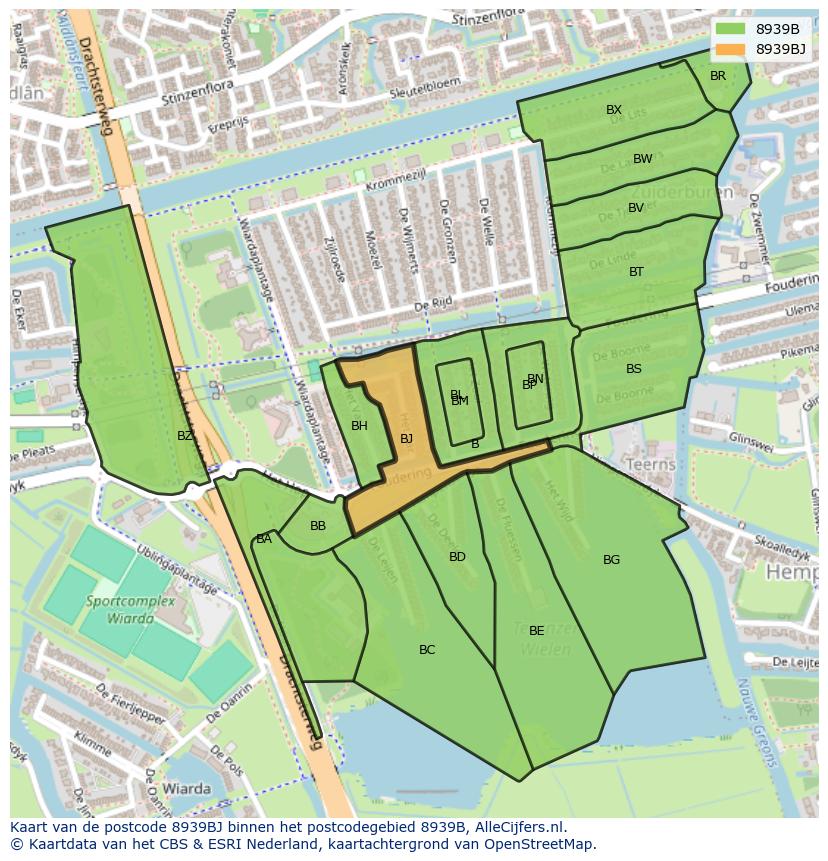 Afbeelding van het postcodegebied 8939 BJ op de kaart.