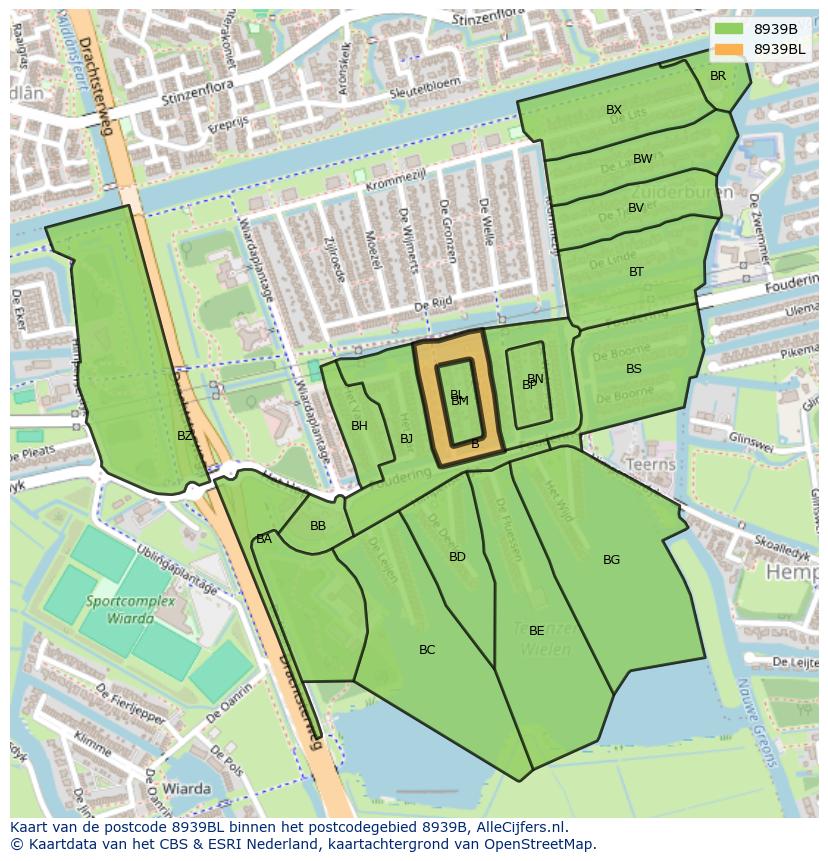 Afbeelding van het postcodegebied 8939 BL op de kaart.