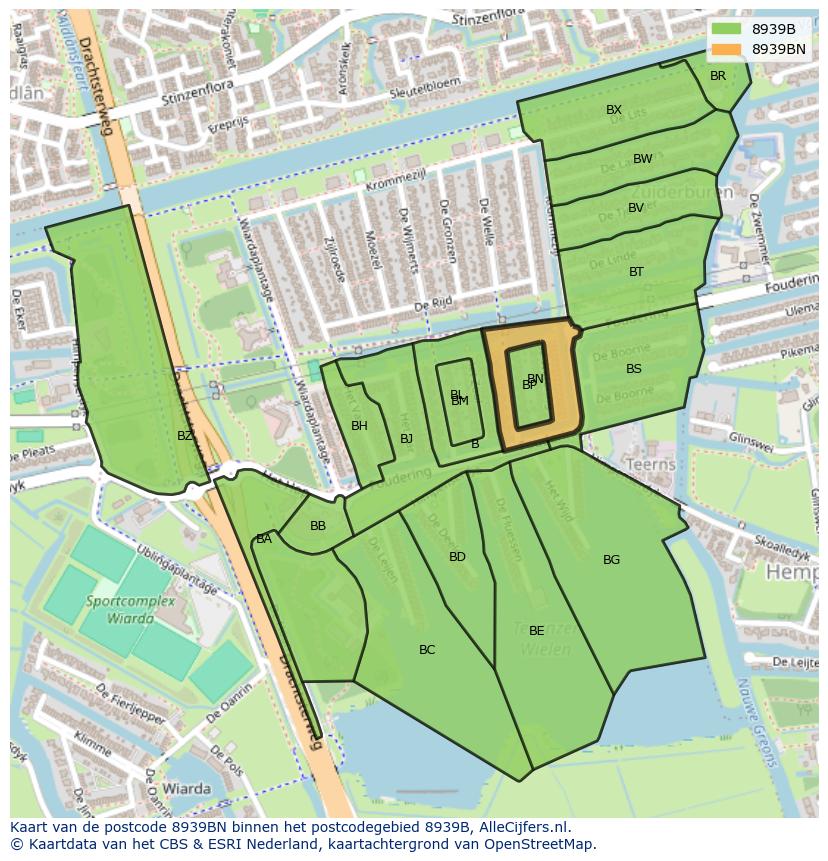 Afbeelding van het postcodegebied 8939 BN op de kaart.