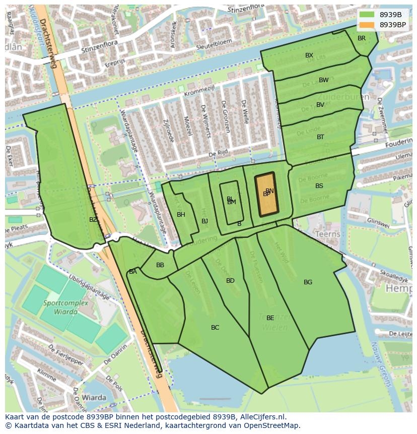 Afbeelding van het postcodegebied 8939 BP op de kaart.