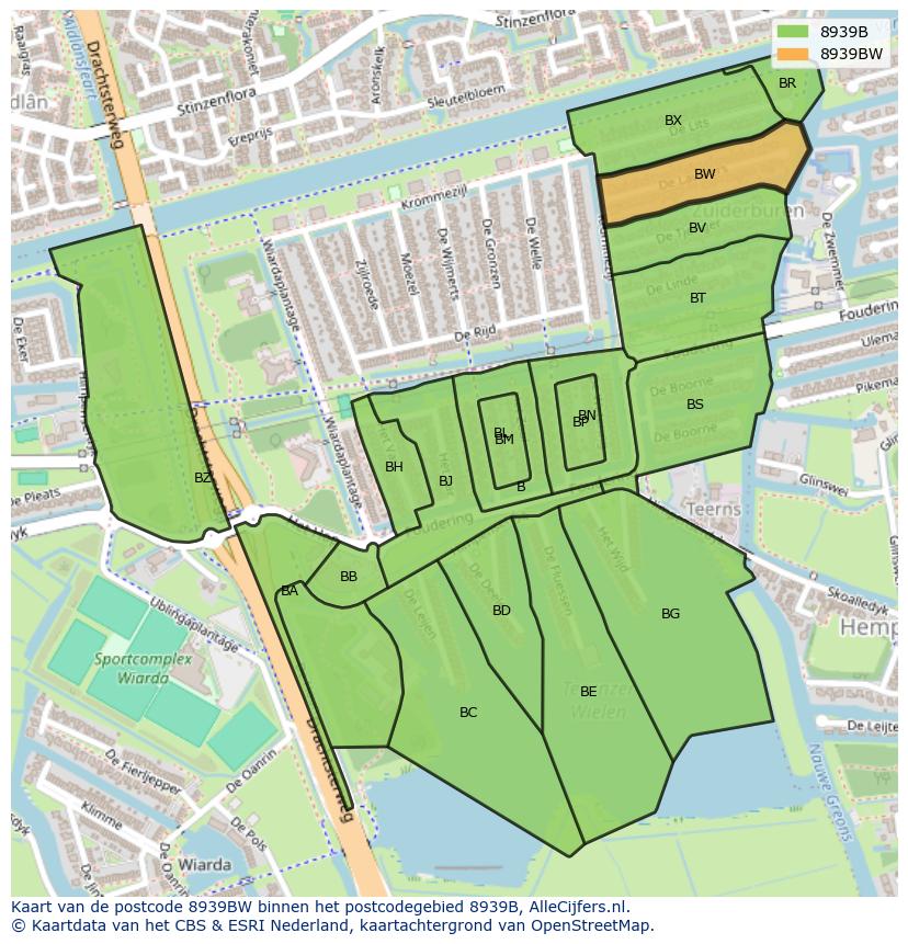 Afbeelding van het postcodegebied 8939 BW op de kaart.