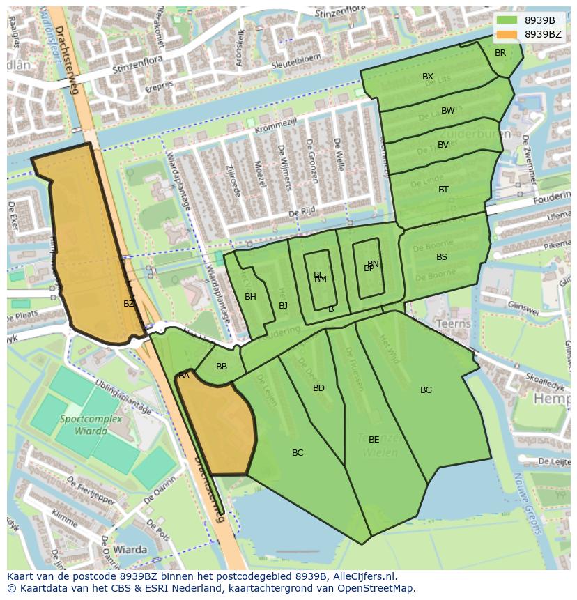 Afbeelding van het postcodegebied 8939 BZ op de kaart.