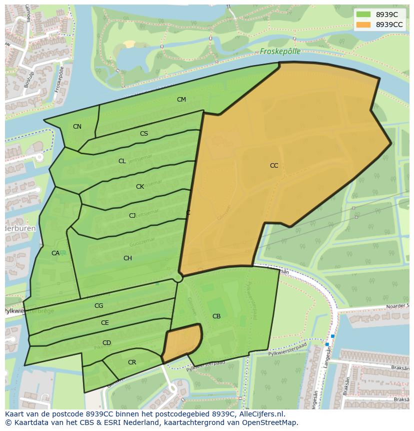 Afbeelding van het postcodegebied 8939 CC op de kaart.