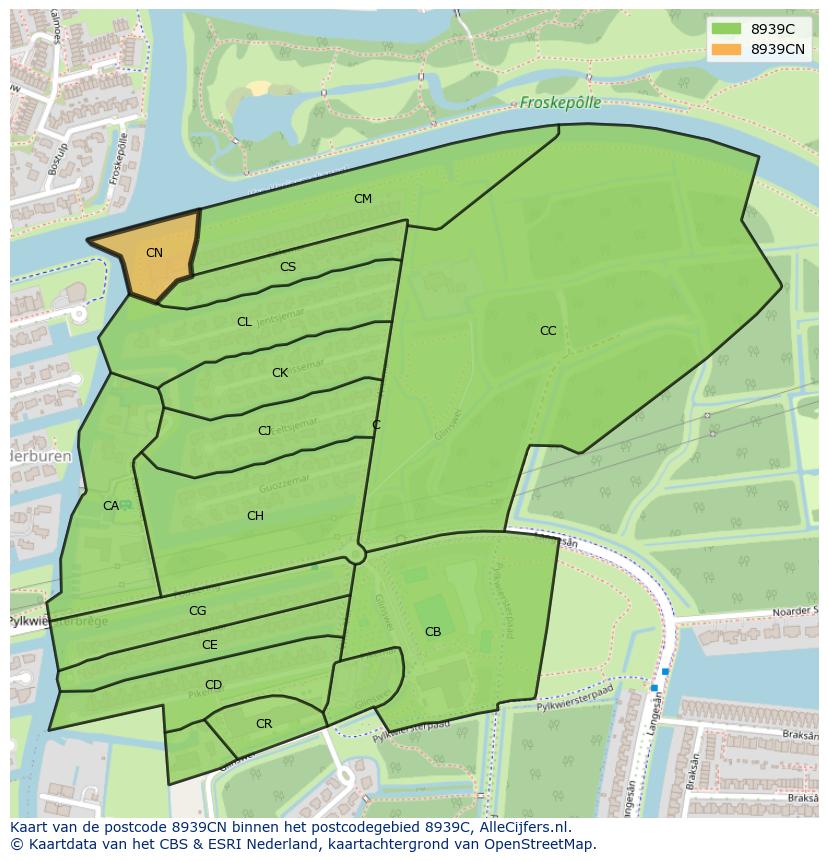 Afbeelding van het postcodegebied 8939 CN op de kaart.