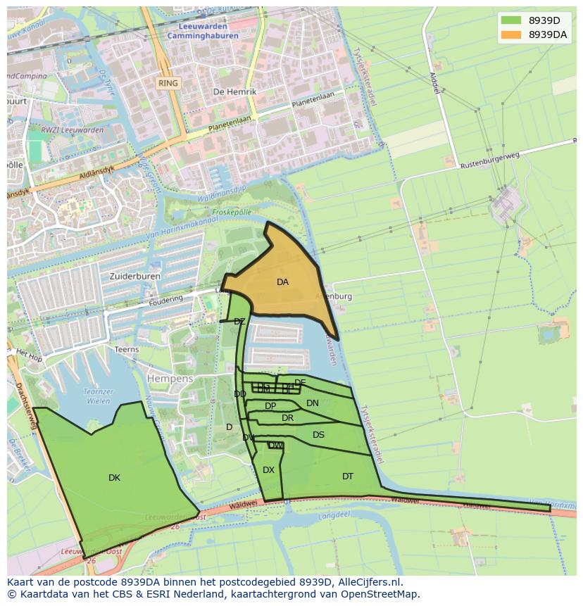 Afbeelding van het postcodegebied 8939 DA op de kaart.