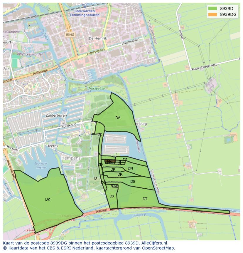 Afbeelding van het postcodegebied 8939 DG op de kaart.