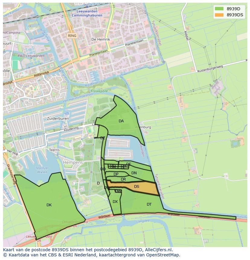 Afbeelding van het postcodegebied 8939 DS op de kaart.