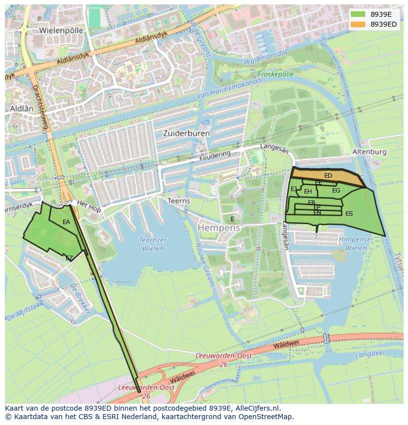 Afbeelding van het postcodegebied 8939 ED op de kaart.