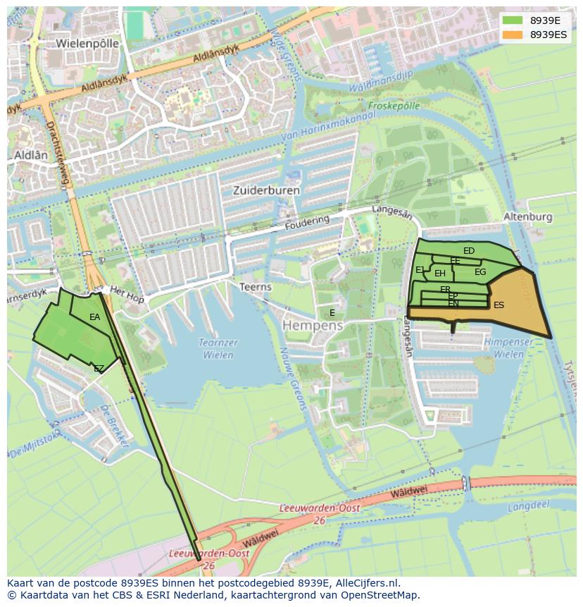 Afbeelding van het postcodegebied 8939 ES op de kaart.