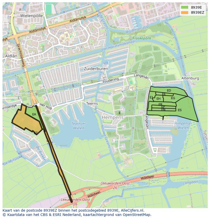 Afbeelding van het postcodegebied 8939 EZ op de kaart.