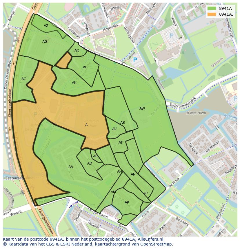 Afbeelding van het postcodegebied 8941 AJ op de kaart.