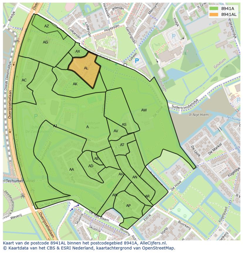 Afbeelding van het postcodegebied 8941 AL op de kaart.