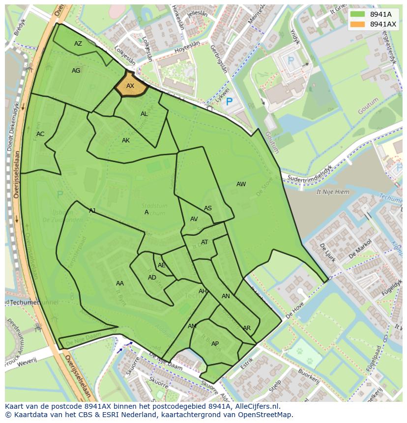 Afbeelding van het postcodegebied 8941 AX op de kaart.