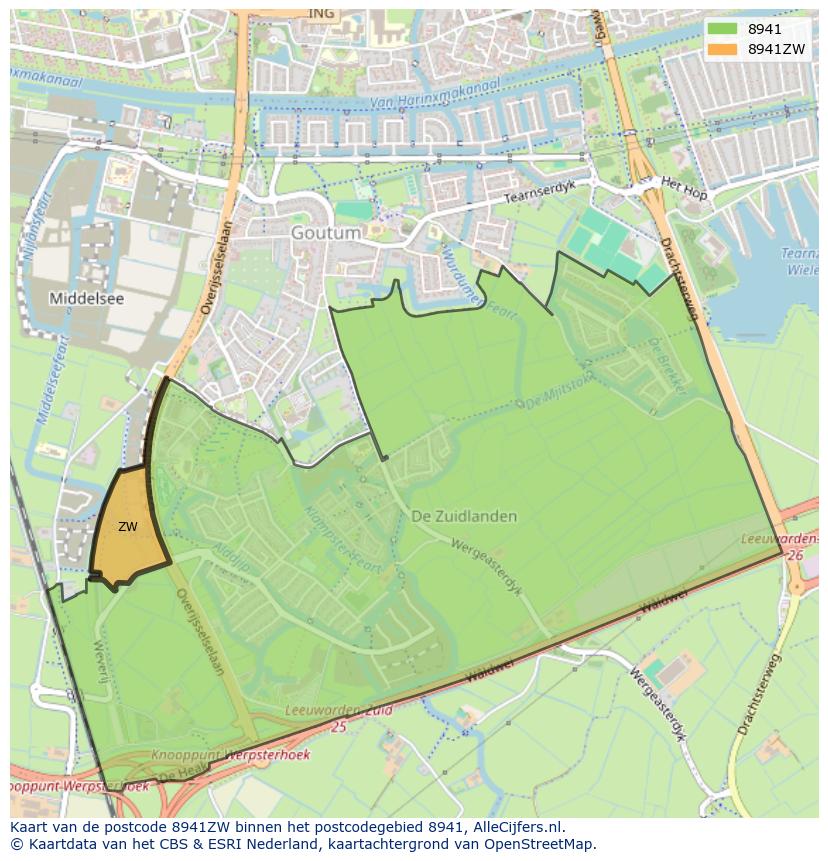 Afbeelding van het postcodegebied 8941 ZW op de kaart.