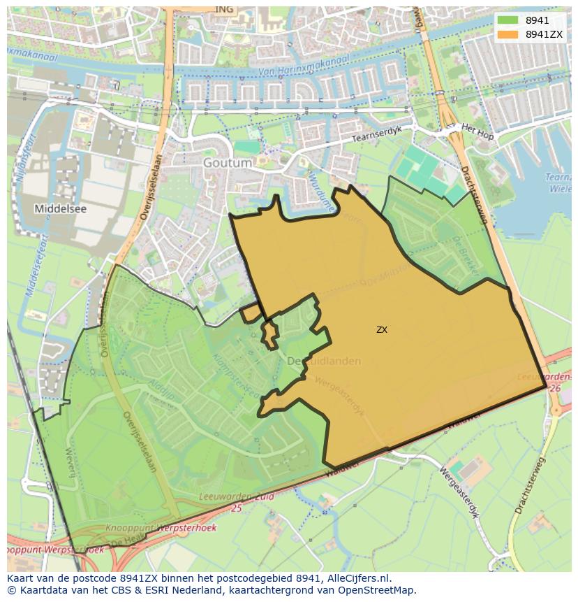 Afbeelding van het postcodegebied 8941 ZX op de kaart.