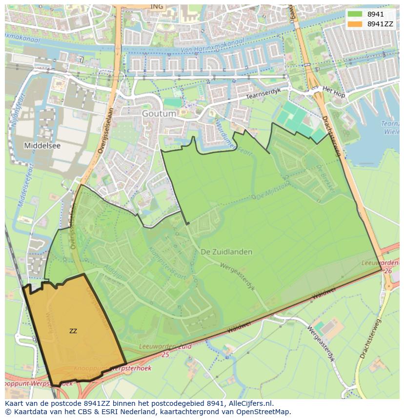 Afbeelding van het postcodegebied 8941 ZZ op de kaart.