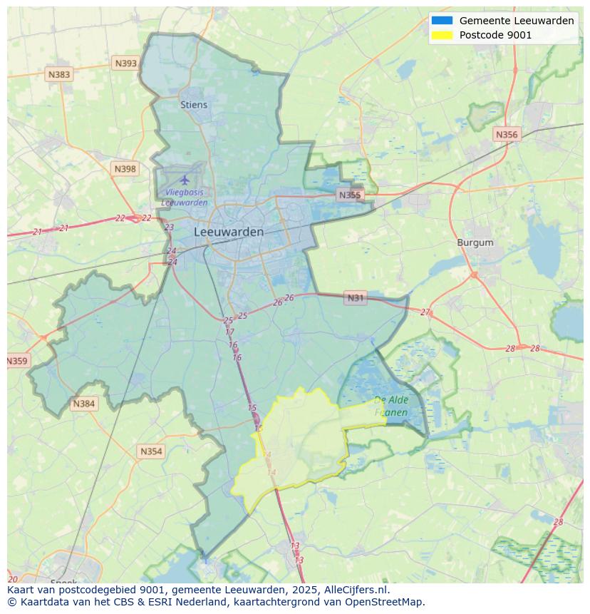 Afbeelding van het postcodegebied 9001 op de kaart.