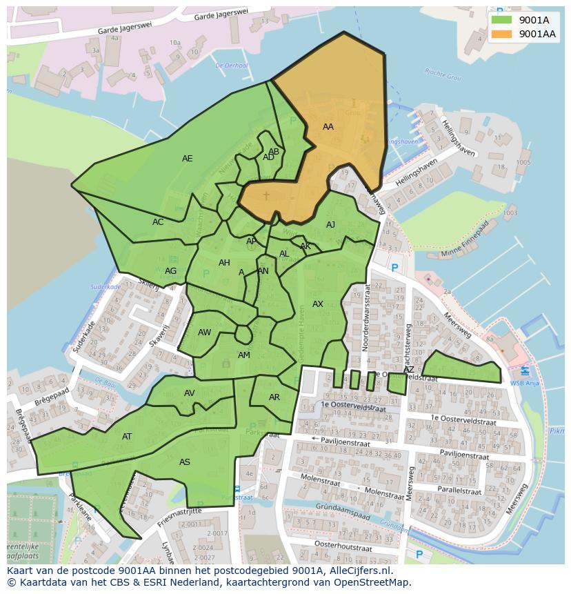 Afbeelding van het postcodegebied 9001 AA op de kaart.