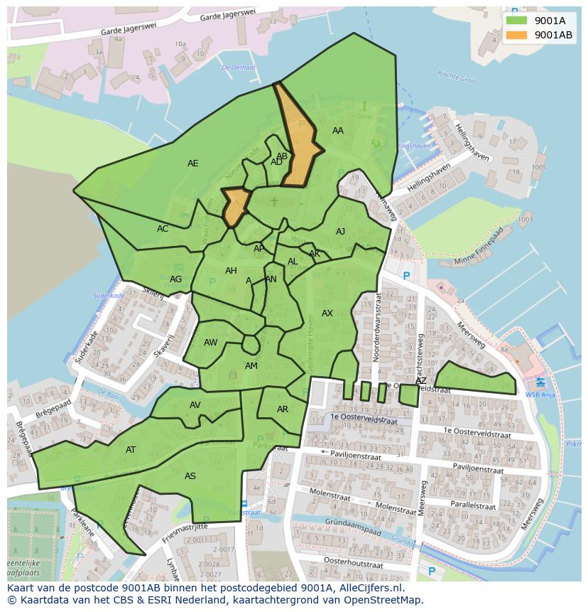 Afbeelding van het postcodegebied 9001 AB op de kaart.