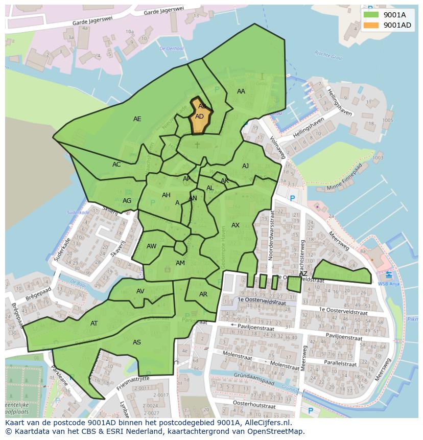 Afbeelding van het postcodegebied 9001 AD op de kaart.