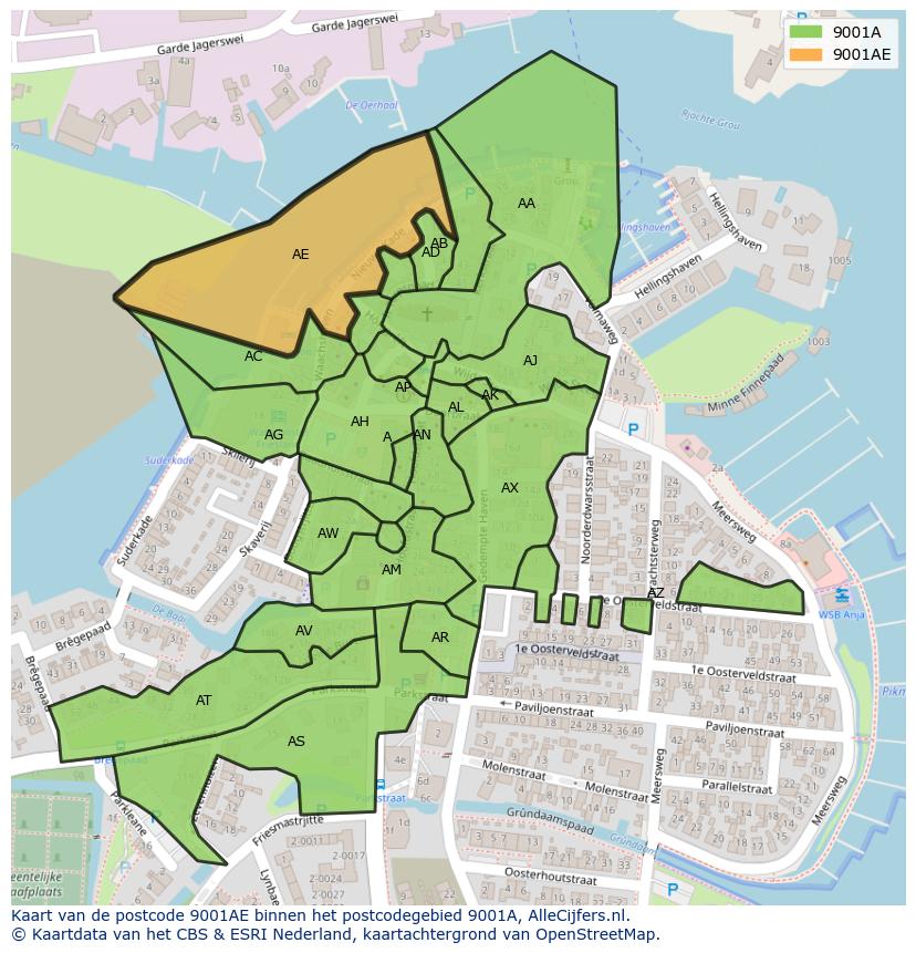 Afbeelding van het postcodegebied 9001 AE op de kaart.