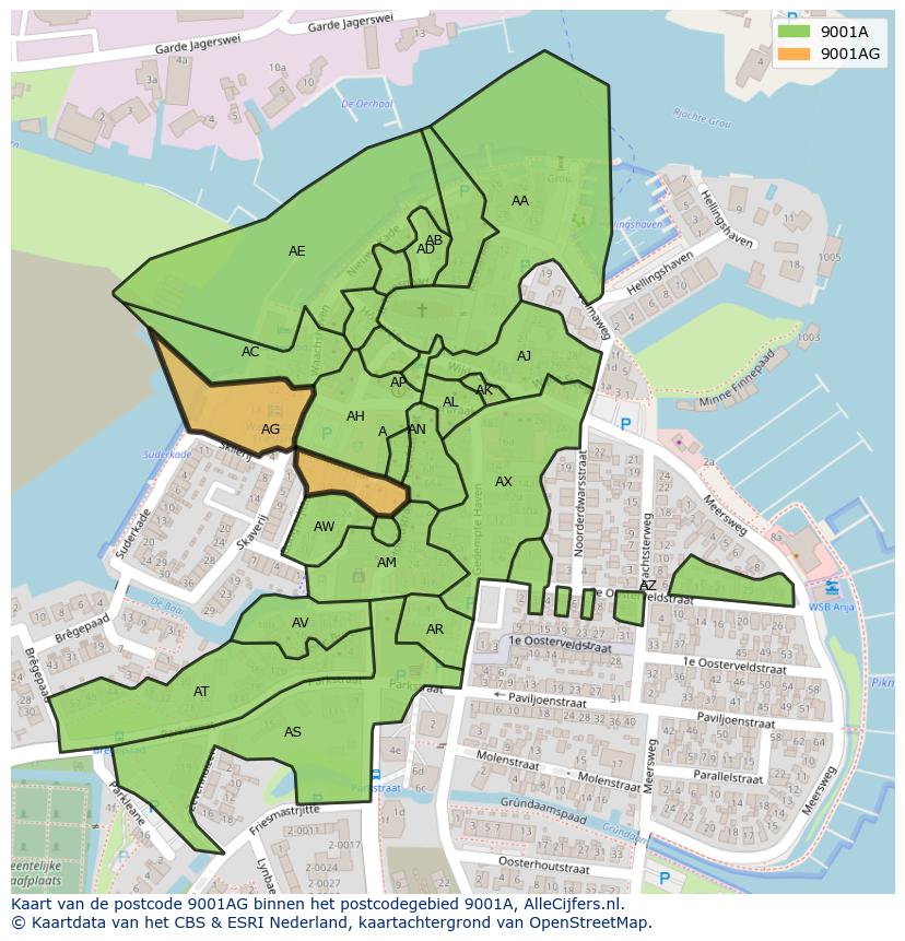 Afbeelding van het postcodegebied 9001 AG op de kaart.
