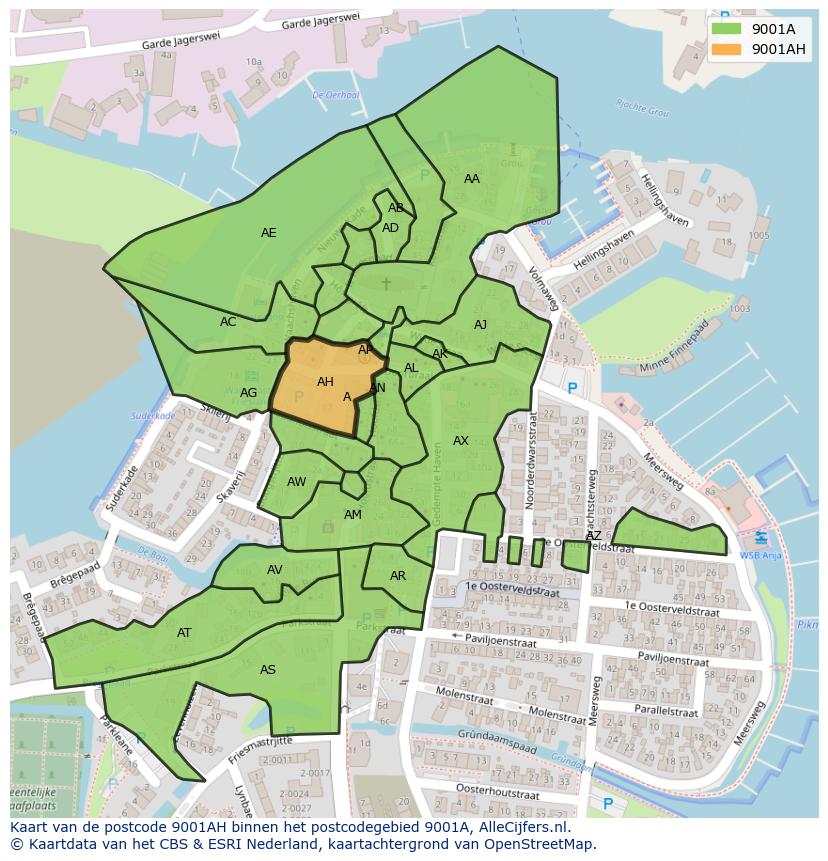 Afbeelding van het postcodegebied 9001 AH op de kaart.