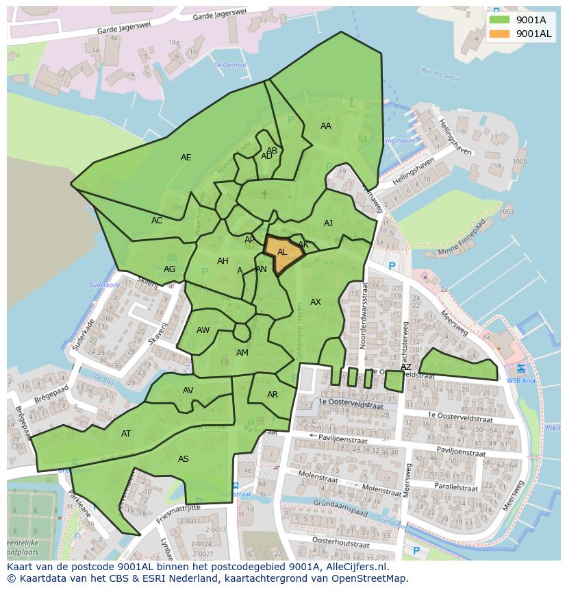Afbeelding van het postcodegebied 9001 AL op de kaart.