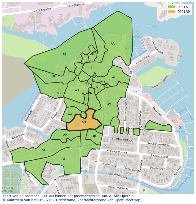 Afbeelding van het postcodegebied 9001 AM op de kaart.