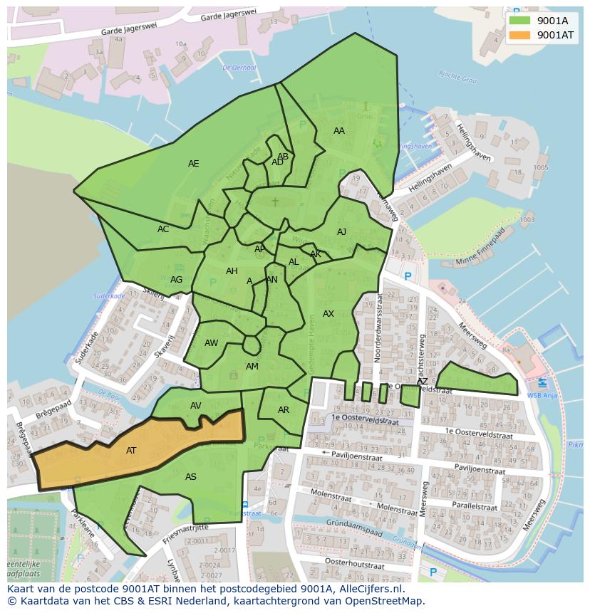 Afbeelding van het postcodegebied 9001 AT op de kaart.