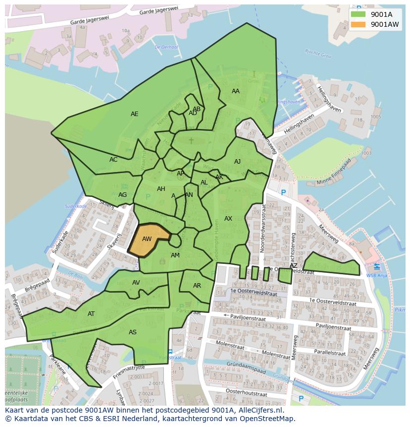 Afbeelding van het postcodegebied 9001 AW op de kaart.
